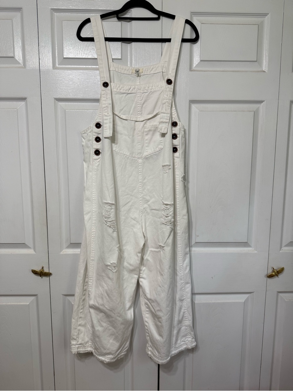 easel White Distressed Wide Leg Denim Overalls